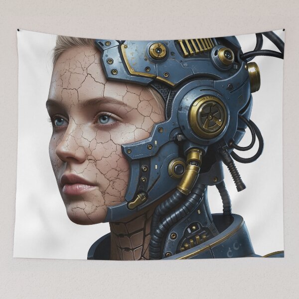 Item preview, Steampunk Cyborg Woman Portrait – Futuristic Sci-Fi Art Print | Cyberpunk Android Wall Decor | Mechanical Girl Illustration designed and sold by R-B-Colors.