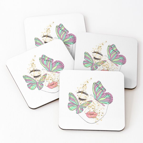 Item preview, woman’s face illustrated with shimmering golden stars,butterfly designed and sold by AchraffPrint.