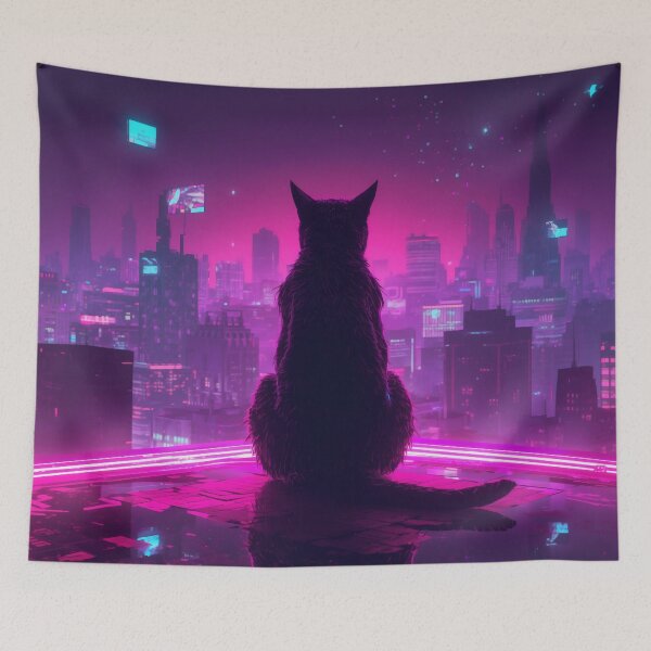 Item preview, Neon Cyberpunk Cat – Futuristic Synthwave Glow Cityscape Art designed and sold by Visualynx.