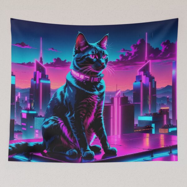 Item preview, Neon Cyberpunk Cat – Futuristic Synthwave Glow Cityscape Art designed and sold by Visualynx.