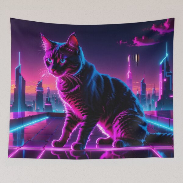 Item preview, Neon Cyberpunk Cat – Futuristic Synthwave Glow Cityscape Art designed and sold by Visualynx.