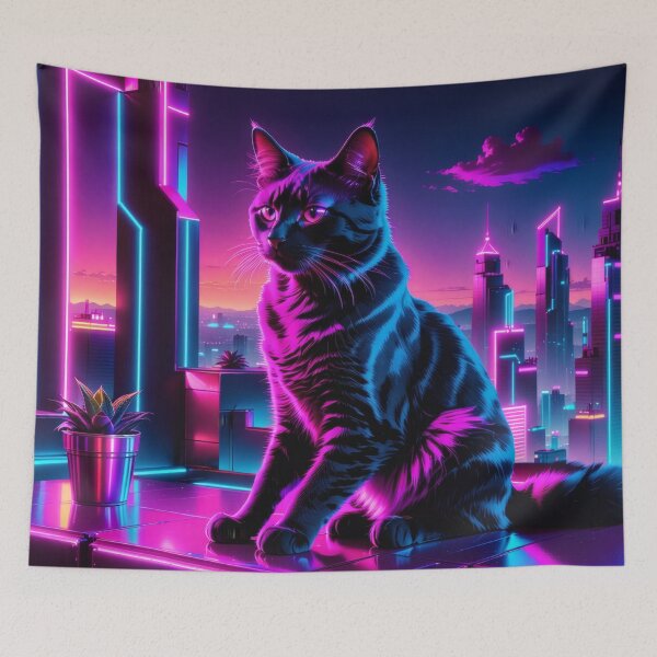 Item preview, Neon Cyberpunk Cat – Futuristic Synthwave Glow Cityscape Art designed and sold by Visualynx.