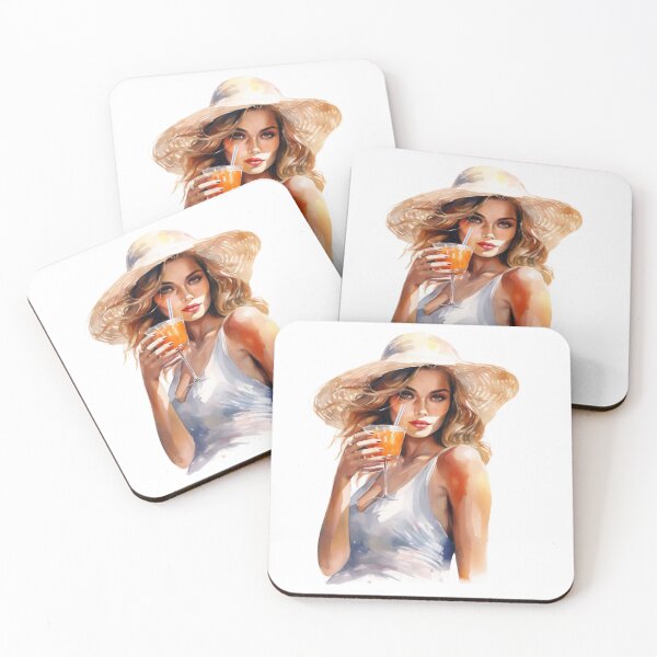 Item preview, Elegant Woman in Straw Hat Watercolor Portrait Holding Summer Cocktail designed and sold by MKDSN.