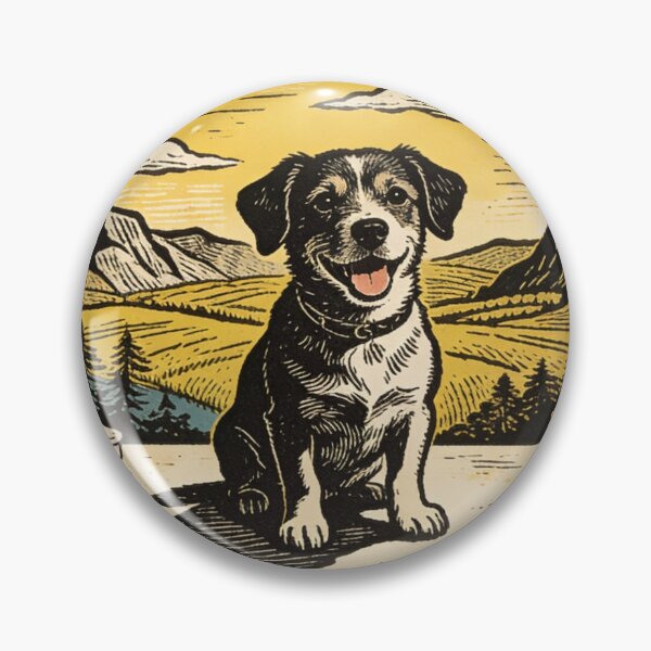 Item preview, Vintage Linocut Dog Art Print | Loyal Studio Companion | Retro Woodcut Mountain Landscape Illustration designed and sold by Cherrydora.