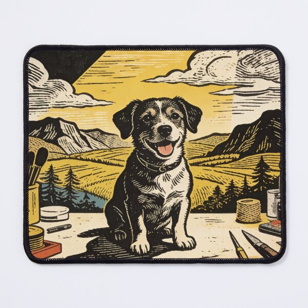 Item preview, Vintage Linocut Dog Art Print | Loyal Studio Companion | Retro Woodcut Mountain Landscape Illustration designed and sold by Cherrydora.
