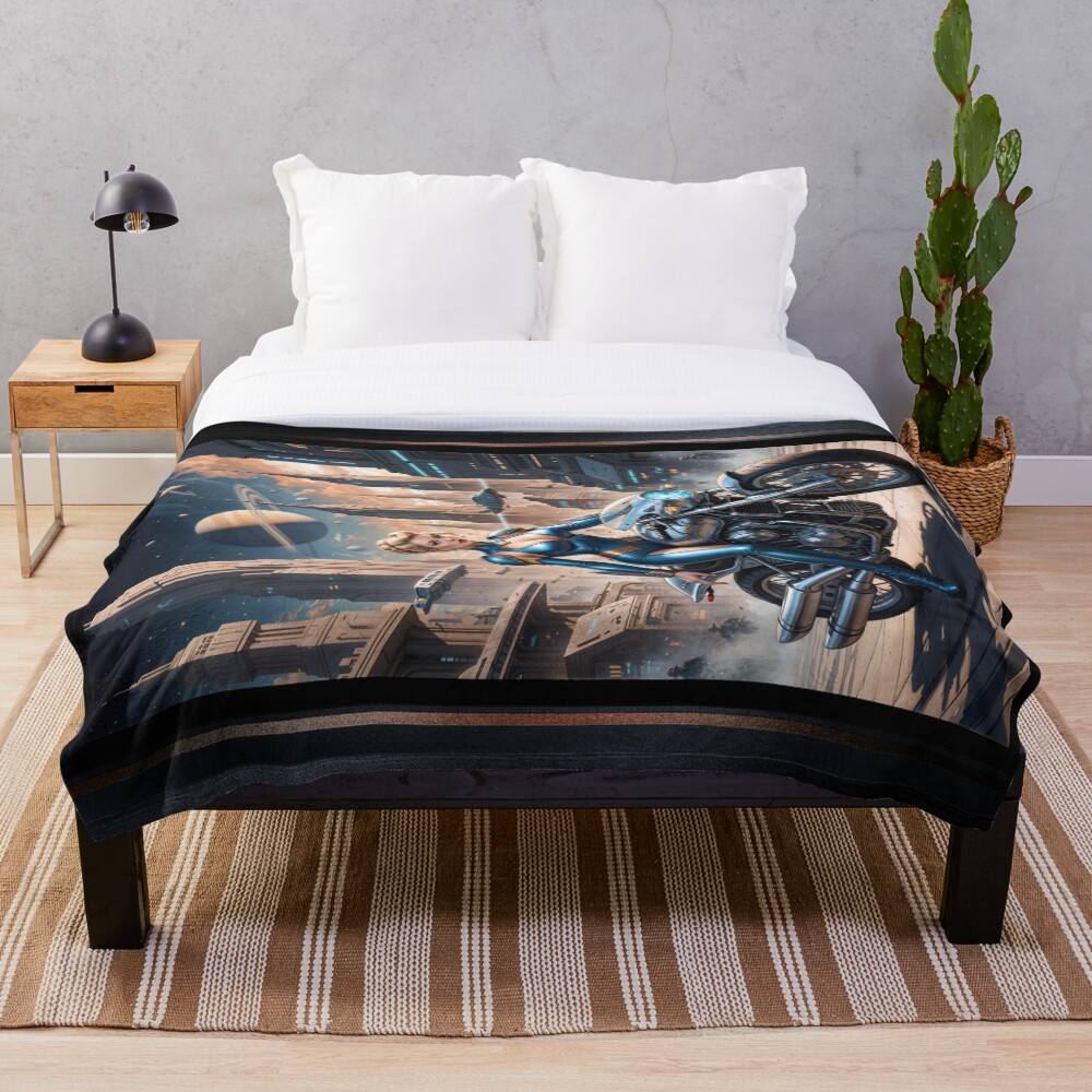 Ylara Fynra Poised On Her Jaxtor M113 In Caelum City Alluring AI Concept Art by Xzendor7 Decorative Art Print Throw Blanket