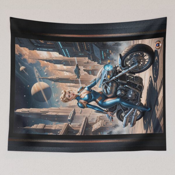 Item preview, Ylara Fynra Poised On Her Jaxtor M113 In Caelum City Alluring AI Concept Art by Xzendor7 designed and sold by Xzendor7 Digital Art Creations.