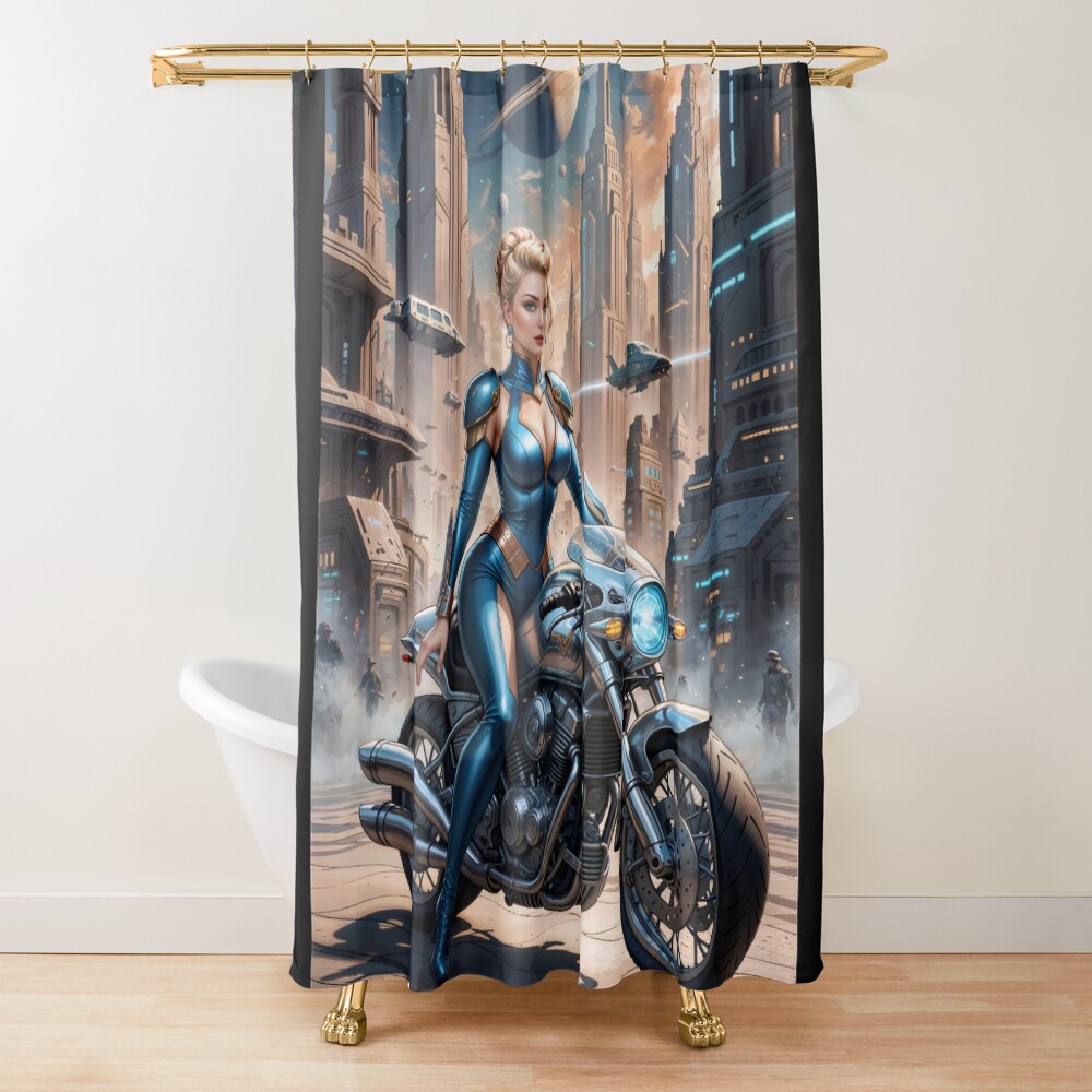 Ylara Fynra Poised On Her Jaxtor M113 In Caelum City Alluring AI Concept Art by Xzendor7 Decorative Art Print Shower Curtain