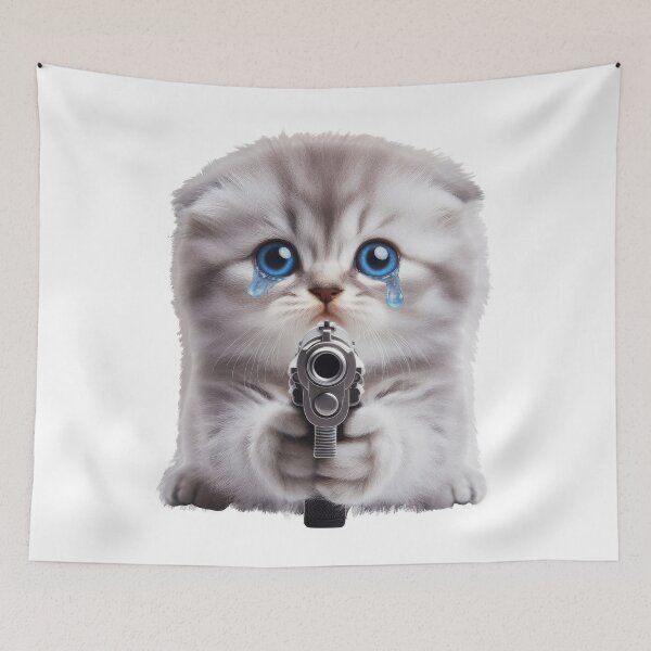 Item preview, Crying Kitten Holding Gun Sad Meme designed and sold by TeeARTHY.