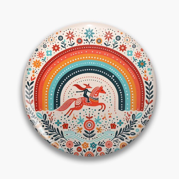 Artikelvorschau, Fuchs reitet Pferd unter Regenbogen – Skandinavische Volkskunst von heidiannemorris © entworfen und verkauft von FOLK ART FUSION by heidiannemorris.