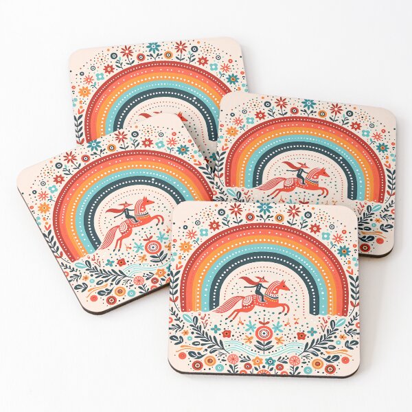 Item preview, Fox Riding Horse Under Rainbow – Scandinavian Folk Art by heidiannemorris © designed and sold by FOLK ART FUSION by heidiannemorris.