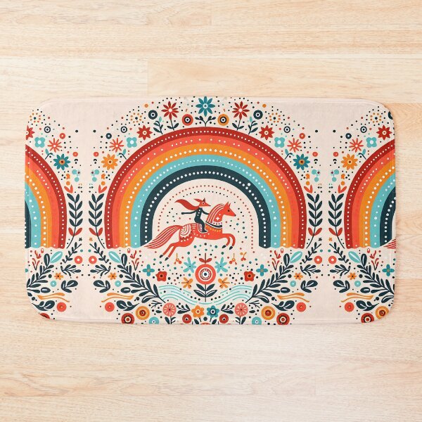Item preview, Fox Riding Horse Under Rainbow – Scandinavian Folk Art by heidiannemorris © designed and sold by FOLK ART FUSION.