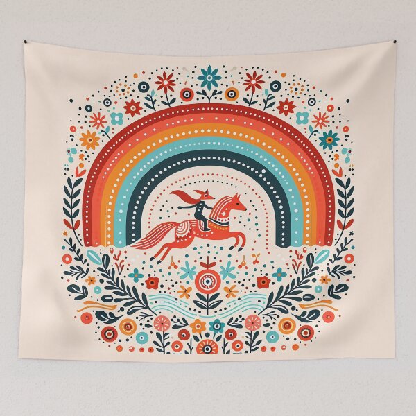 Item preview, Fox Riding Horse Under Rainbow – Scandinavian Folk Art by heidiannemorris © designed and sold by FOLK ART FUSION by heidiannemorris.
