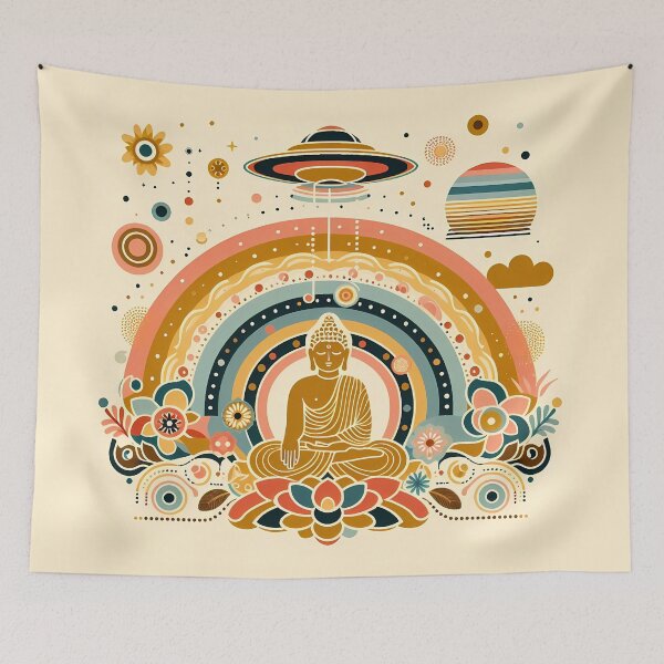 Item preview, Buddha with UFO and Rainbow – Scandinavian Folk Art by heidiannemorris © designed and sold by FOLK ART FUSION.