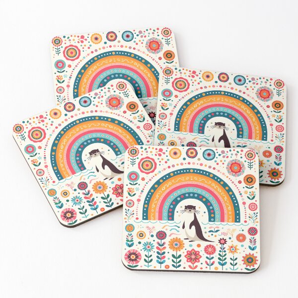 Item preview, Otter Under Rainbow with Floral Motifs – Scandinavian Folk Art by heidiannemorris © designed and sold by FOLK ART FUSION by heidiannemorris.