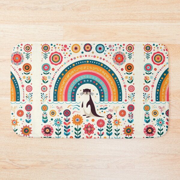 Item preview, Otter Under Rainbow with Floral Motifs – Scandinavian Folk Art by heidiannemorris © designed and sold by FOLK ART FUSION by heidiannemorris.