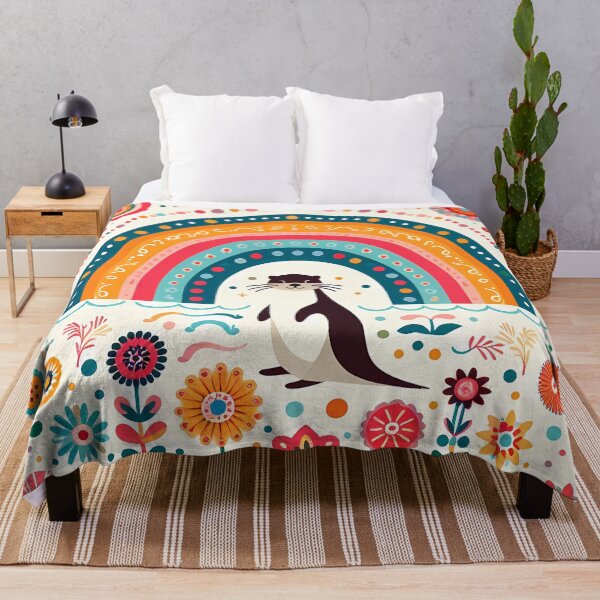 Item preview, Otter Under Rainbow with Floral Motifs – Scandinavian Folk Art by heidiannemorris © designed and sold by FOLK ART FUSION by heidiannemorris.
