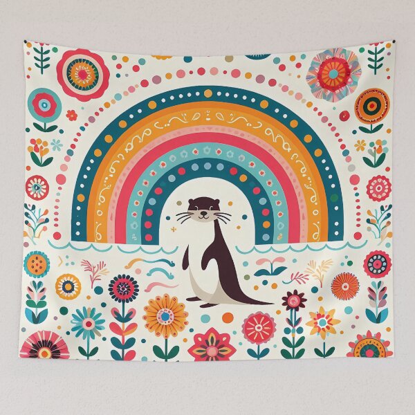 Item preview, Otter Under Rainbow with Floral Motifs – Scandinavian Folk Art by heidiannemorris © designed and sold by FOLK ART FUSION by heidiannemorris.