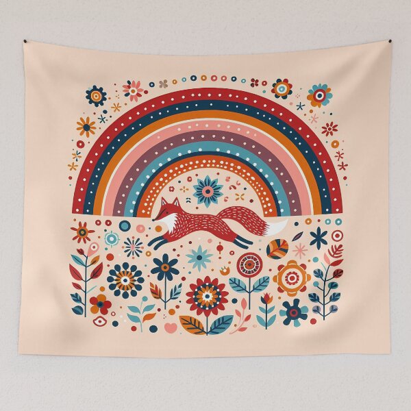 Item preview, Running Fox Under Rainbow – Scandinavian Folk Art by heidiannemorris © designed and sold by FOLK ART FUSION by heidiannemorris.