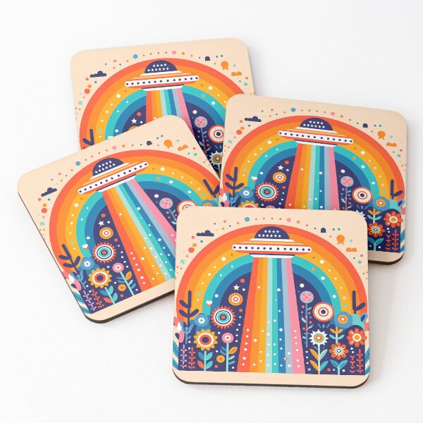 Item preview, Colourful UFO with Rainbow Beams – Scandinavian Folk Art by heidiannemorris © designed and sold by FOLK ART FUSION by heidiannemorris.