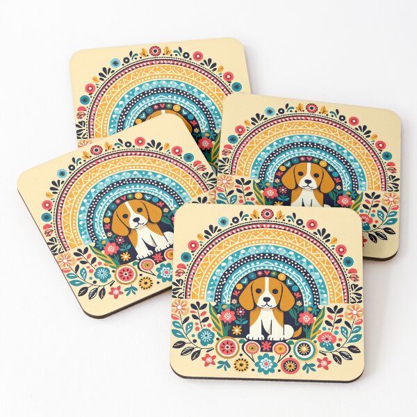 Item preview, Cute Beagle Puppy Under Rainbow – Scandinavian Folk Art by heidiannemorris © designed and sold by FOLK ART FUSION.