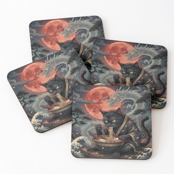 Item preview, Midnight-Black Cat Eating Ramen – Crimson Moon, Ghostly Dragon & Vintage Japanese Print designed and sold by KaryaVisionSTR.
