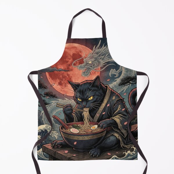Item preview, Midnight-Black Cat Eating Ramen – Crimson Moon, Ghostly Dragon & Vintage Japanese Print designed and sold by KaryaVisionSTR.