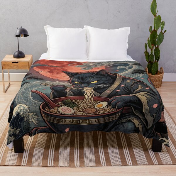 Item preview, Midnight-Black Cat Eating Ramen – Crimson Moon, Ghostly Dragon & Vintage Japanese Print designed and sold by KaryaVisionSTR.