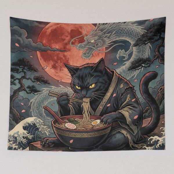 Item preview, Midnight-Black Cat Eating Ramen – Crimson Moon, Ghostly Dragon & Vintage Japanese Print designed and sold by KaryaVisionSTR.