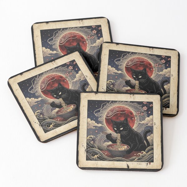 Item preview, Shadowy Black Cat Sipping Noodles – Red Lunar Eclipse, Dragon Outline & Dark Ukiyo-e Style designed and sold by KaryaVisionSTR.