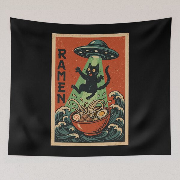 Item preview, UFO Ramen Cat – Retro Vintage Japanese Noodle Alien Abduction Art designed and sold by YYoYY.