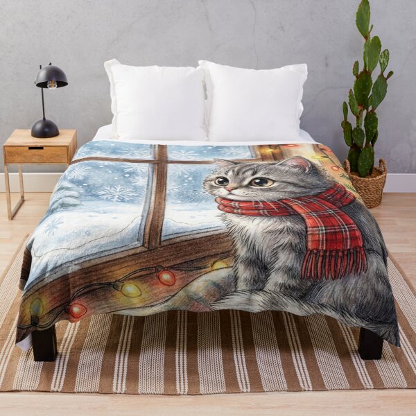 Item preview, Fluffy Grey Cat by Snowy Window – Red Plaid Scarf & Cozy Christmas Lights designed and sold by KaryaVisionSTR.