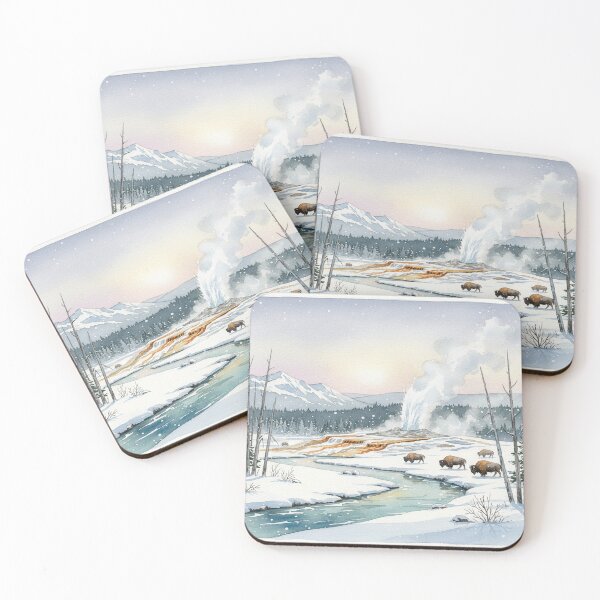 Item preview, Winter Majesty of Yellowstone – Bison & Geyser Watercolor Scene designed and sold by Mirkoniart.