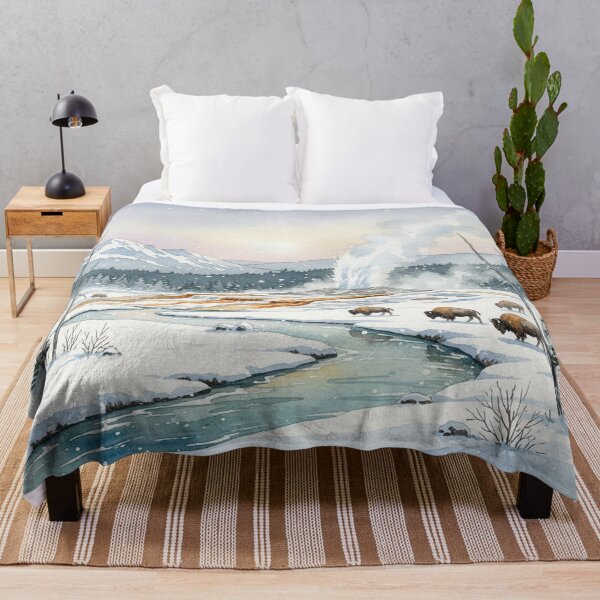 Item preview, Winter Majesty of Yellowstone – Bison & Geyser Watercolor Scene designed and sold by Mirkoniart.