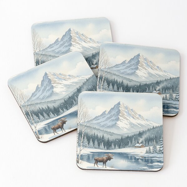 Item preview, Rocky Mountain Winter Serenity – Moose by the Frozen Lake Watercolor designed and sold by Mirkoniart.