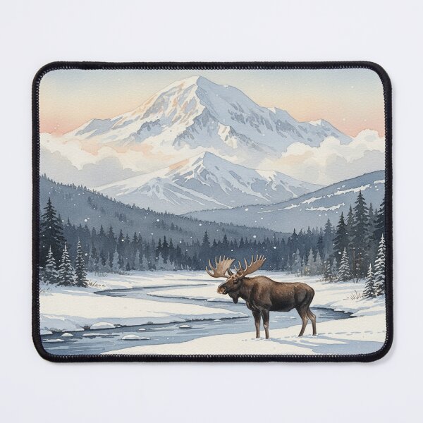 Item preview, Denali Winter Majesty – Moose in the Alaskan Snowy Wilderness Watercolor designed and sold by Mirkoniart.