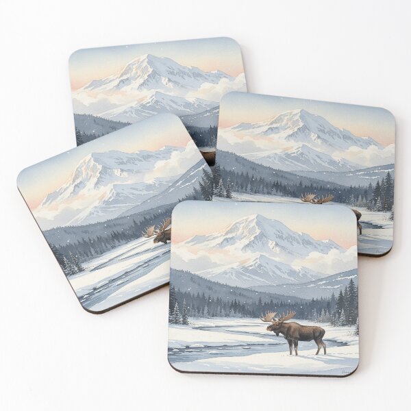 Item preview, Denali Winter Majesty – Moose in the Alaskan Snowy Wilderness Watercolor designed and sold by Mirkoniart.