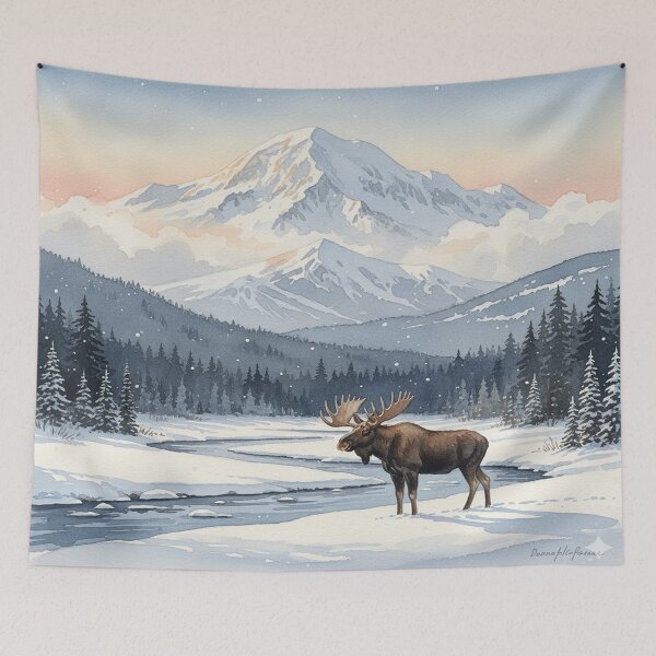 Item preview, Denali Winter Majesty – Moose in the Alaskan Snowy Wilderness Watercolor designed and sold by Mirkoniart.