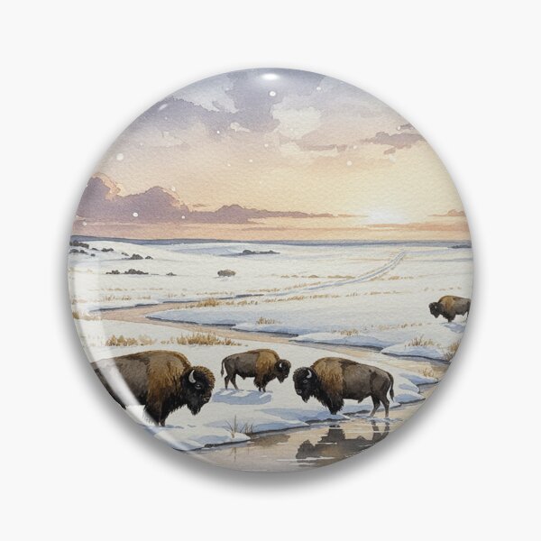 Item preview, Great Plains Winter Sunset – Bison by the Frozen Stream Watercolor designed and sold by Mirkoniart.