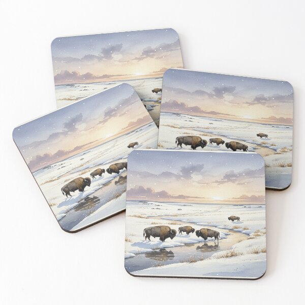 Item preview, Great Plains Winter Sunset – Bison by the Frozen Stream Watercolor designed and sold by Mirkoniart.