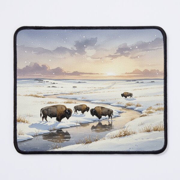 Item preview, Great Plains Winter Sunset – Bison by the Frozen Stream Watercolor designed and sold by Mirkoniart.