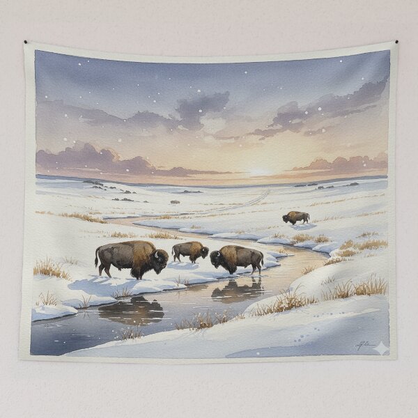 Item preview, Great Plains Winter Sunset – Bison by the Frozen Stream Watercolor designed and sold by Mirkoniart.