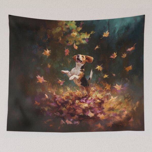 Item preview, A joyful Beagle leaping into a pile of autumn leaves, Dogs in Motion designed and sold by CDC40.