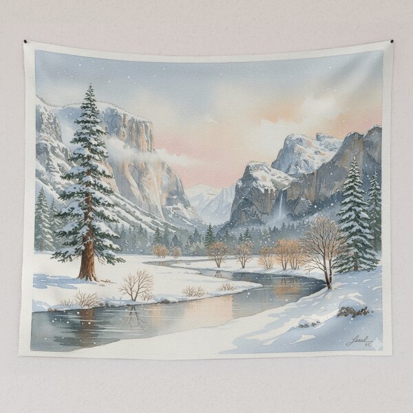 Item preview, Yosemite Winter Valley – Snowy Cliffs and River Watercolor Landscape designed and sold by Mirkoniart.