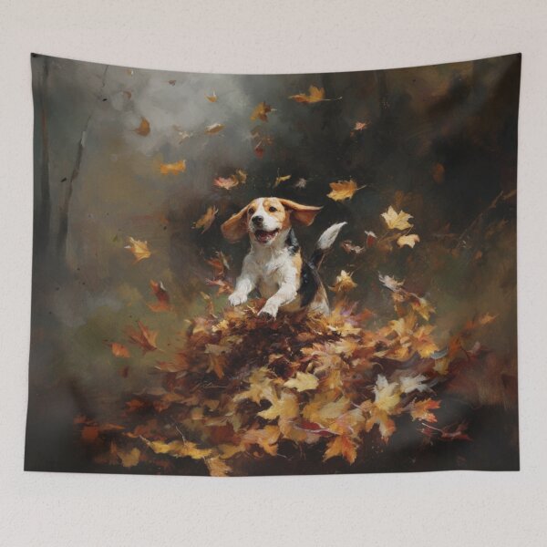 Item preview, A joyful Beagle leaping into a pile of autumn leaves, Dogs in Motion designed and sold by CDC40.