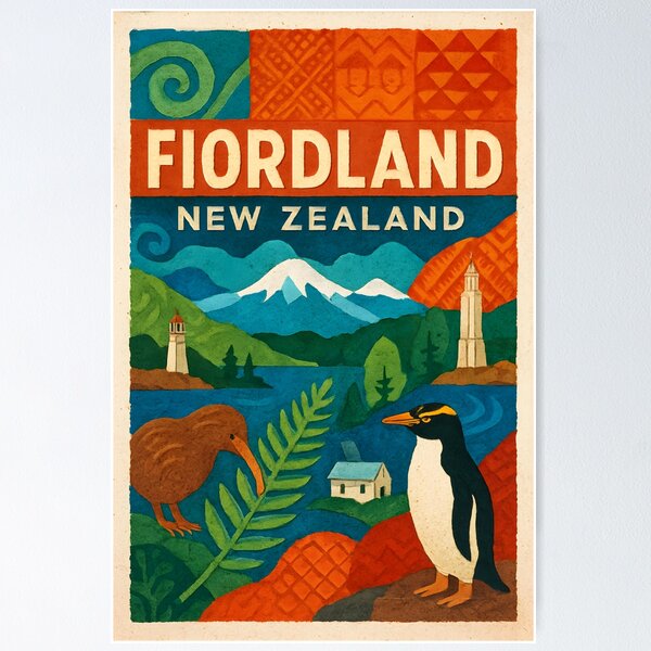 Item preview, Fiordland, New Zealand Collage Poster - Māori Koru Motif designed and sold by Cosmopolis.