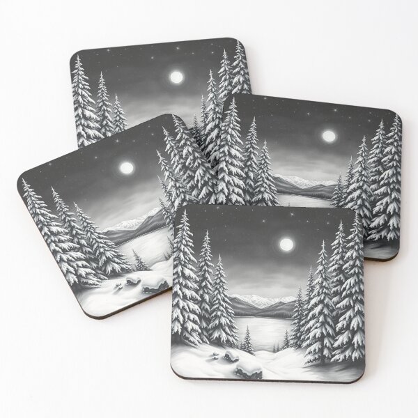Item preview, Moonlit Snowy Forest Lake - Black and White Winter Art designed and sold by EllDAV777.