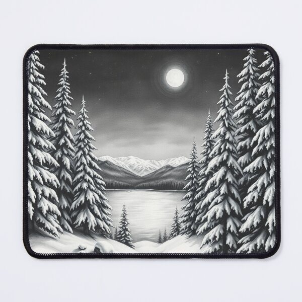 Item preview, Moonlit Snowy Forest Lake - Black and White Winter Art designed and sold by EllDAV777.