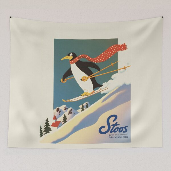 Item preview, Stoos Switzerland Vintage Ski Poster – Cute Penguin Skiing Alpine Art Print designed and sold by paulo silveira.
