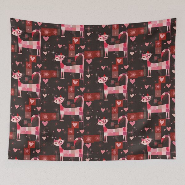 Item preview, Pink Mid-Century Kitty – Modern Retro Cat with Hearts & Geometric Pattern designed and sold by WitsandWonders.